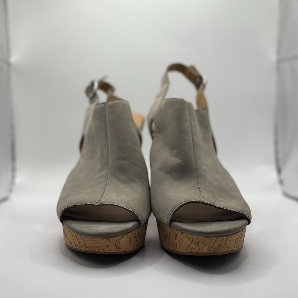 👡 EUC Franco Sarto Gray Suede Peep Toe Cork Platform Sandals - Picture 2 of 8